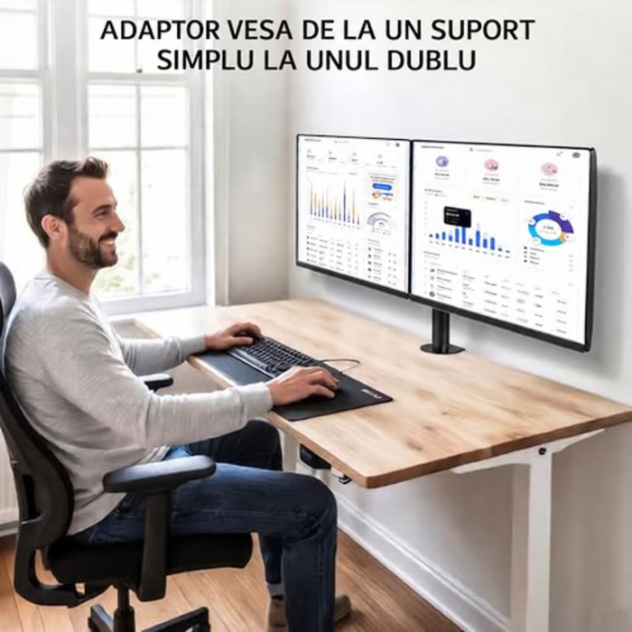 Suport 2 Monitoare 17–35 Inch pentru perete 10 kg/Brat, VESA 75/100, Reglabil, Rotire 180°, Inclinare, Adaptor Dual pentru brat monitor, Transforma Suportul Single in Dual, Negru [6]