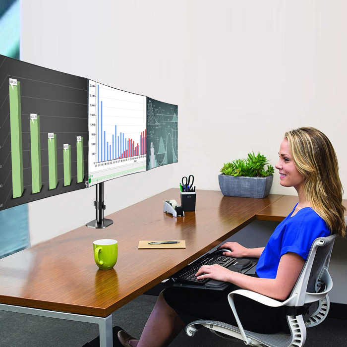 Suport 3 Monitoare Pholiten®, Premium 17–27 Inch, Brate pe Gaz, Reglabil pe Inaltime, Rotire 360°, VESA 75/100, 6 kg/Brat, Suport monitor, Suport 2 monitoare, Negru [5]