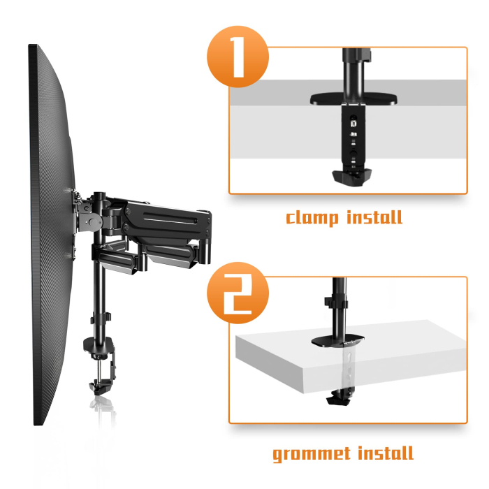 Suport 3 Monitoare Pholiten®, Premium 17–27 Inch, Brate pe Gaz, Reglabil pe Inaltime, Rotire 360°, VESA 75/100, 6 kg/Brat, Suport monitor, Suport 2 monitoare, Negru [4]