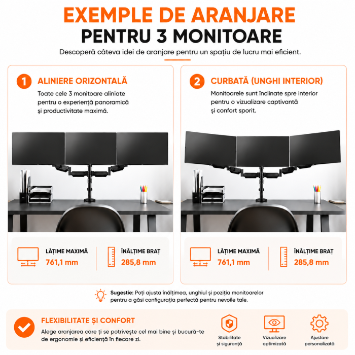 AM300 - Suport 3 Monitoare Pholiten®, Premium 17–27 Inch, Brate pe Gaz, Reglabil pe Inaltime, Rotire 360°, VESA 75/100, 6 kg/Brat, Suport monitor, Suport 2 monitoare, Negru [5]