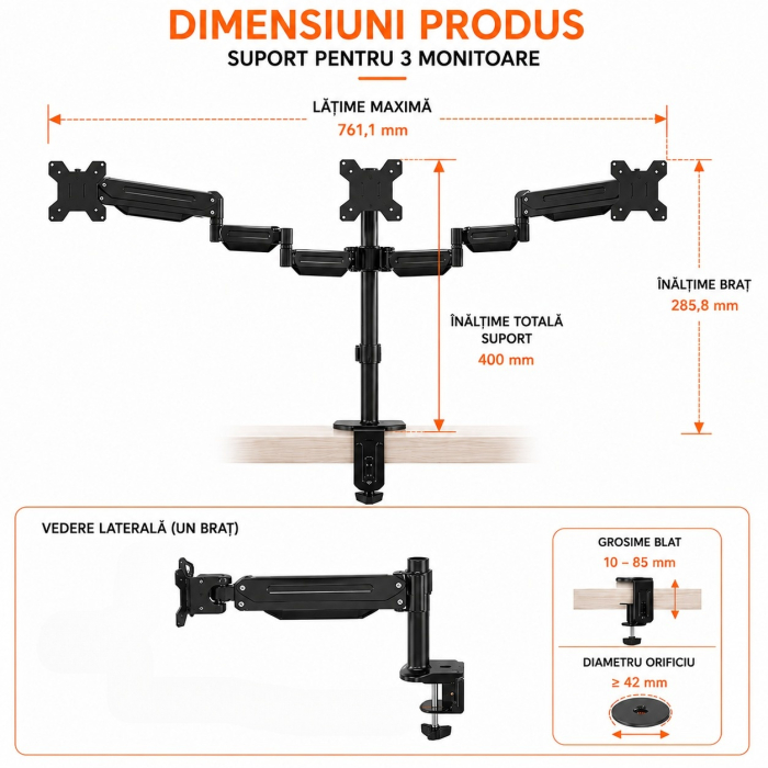 AM300 - Suport 3 Monitoare Pholiten®, Premium 17–27 Inch, Brate pe Gaz, Reglabil pe Inaltime, Rotire 360°, VESA 75/100, 6 kg/Brat, Suport monitor, Suport 2 monitoare, Negru [3]