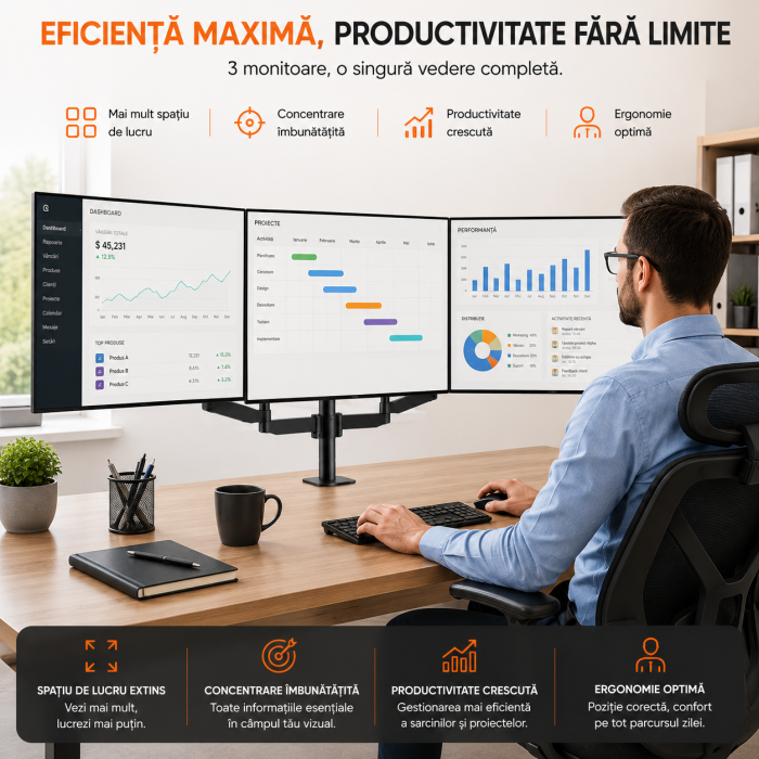 AM300 - Suport 3 Monitoare Pholiten®, Premium 17–27 Inch, Brate pe Gaz, Reglabil pe Inaltime, Rotire 360°, VESA 75/100, 6 kg/Brat, Suport monitor, Suport 2 monitoare, Negru [6]