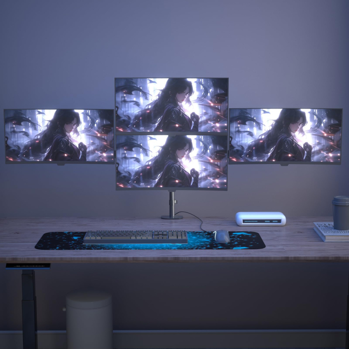 AM272 - Suport 4 Monitoare Premium pentru Birou 32" inch Pholiten®, Arc pe Gaz, pentru Productivitate, Multitasking, Munca, Gaming, Organizator Cabluri, Instalare Usoara, Ergonomic, VESA 75x75 / 100x100, Pana la 10 kg per brat, Prindere cu Clema/Surub, Negru [7]