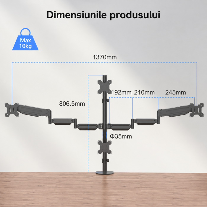 AM272 - Suport 4 Monitoare Premium pentru Birou 32" inch Pholiten®, Arc pe Gaz, pentru Productivitate, Multitasking, Munca, Gaming, Organizator Cabluri, Instalare Usoara, Ergonomic, VESA 75x75 / 100x100, Pana la 10 kg per brat, Prindere cu Clema/Surub, Negru [3]