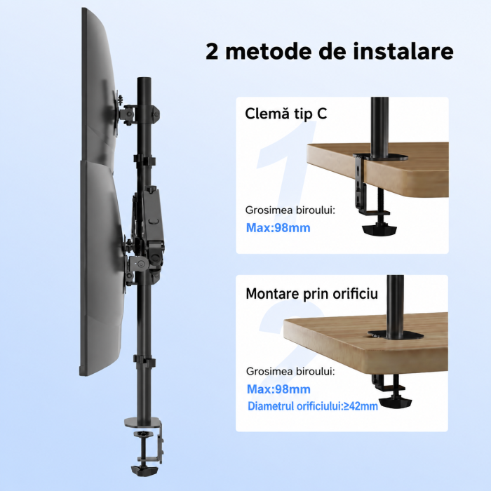 AM272 - Suport 4 Monitoare Premium pentru Birou 32" inch Pholiten®, Arc pe Gaz, pentru Productivitate, Multitasking, Munca, Gaming, Organizator Cabluri, Instalare Usoara, Ergonomic, VESA 75x75 / 100x100, Pana la 10 kg per brat, Prindere cu Clema/Surub, Negru [5]