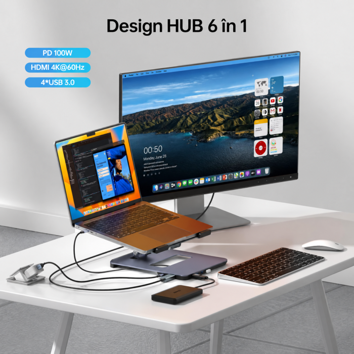 Suport Laptop cu Docking Station USB-C 6-in-1, HDMI 4K, PD 100W [3]
