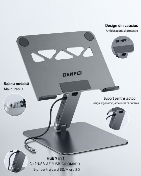 AM292 - Suport laptop cu docking station USB-C 7 in 1 BENFEI, HDMI 4K 60Hz, PD 100W, 10Gbps, cititor carduri SD/MicroSD, stand reglabil aluminiu, compatibil MacBook/XPS [2]