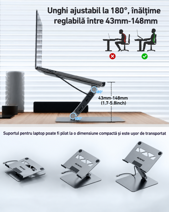 AM292 - Suport laptop cu docking station USB-C 7 in 1 BENFEI, HDMI 4K 60Hz, PD 100W, 10Gbps, cititor carduri SD/MicroSD, stand reglabil aluminiu, compatibil MacBook/XPS [8]