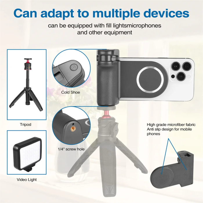 Suport magnetic telefon pentru captura poze AdyMel®, camgrip, cu conectatre bluetooth, telecomanda detasabila, snap, grip, universal, selfie stick, negru [6]