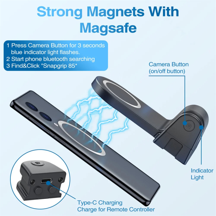 Suport magnetic telefon pentru captura poze AdyMel®, camgrip, cu conectatre bluetooth, telecomanda detasabila, snap, grip, universal, selfie stick, negru [3]