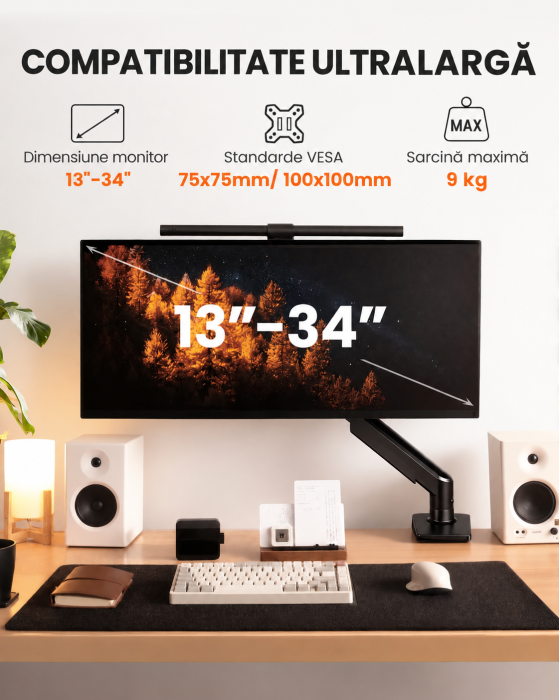 Suport monitor Adymel® 13–34 inch, brat reglabil cu arc pe gaz, sustine pana la 9 kg, compatibil VESA 75x75 si 100x100, 2 tipuri de montare, ideal pentru gaming si birou [3]