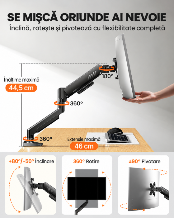 Suport monitor Adymel® 13–34 inch, brat reglabil cu arc pe gaz, sustine pana la 9 kg, compatibil VESA 75x75 si 100x100, 2 tipuri de montare, ideal pentru gaming si birou [4]