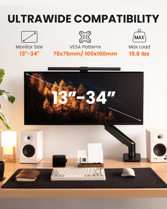 Suport monitor Adymel® 13–34 inch, brat reglabil cu arc pe gaz, sustine pana la 9 kg, compatibil VESA 75x75 si 100x100, 2 tipuri de montare, ideal pentru gaming si birou [2]