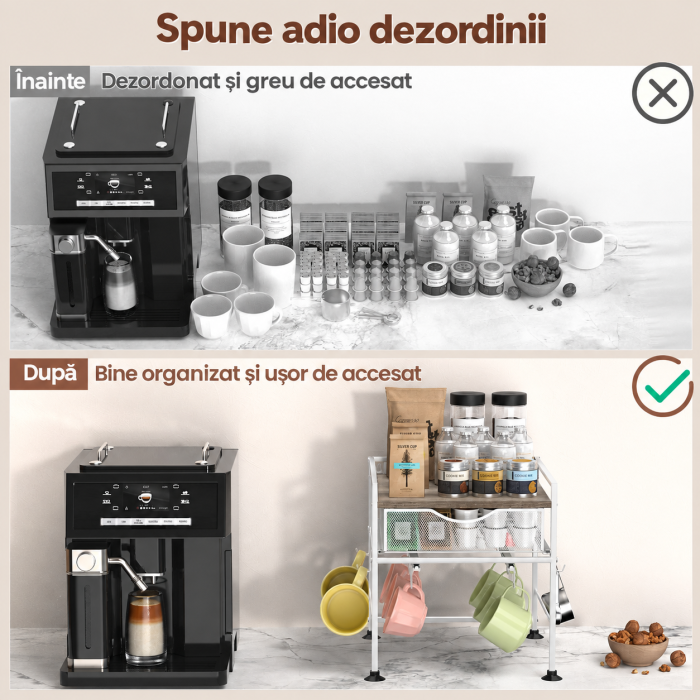 AM275 - Suport organizator bucatarie, suport cani, capsule cafea, ceai, zahar, statie aparat cafea cu sertar mare pentru depozitare si carlige extensibile, suport pentru 10 cani, organizator [5]