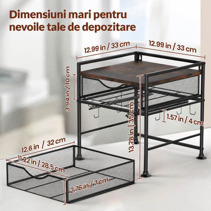 AM274 - Suport organizator bucatarie, suport cani, capsule cafea, ceai, zahar, statie aparat cafea cu sertar mare pentru depozitare si carlige extensibile, suport pentru 10 cani, organizator [2]