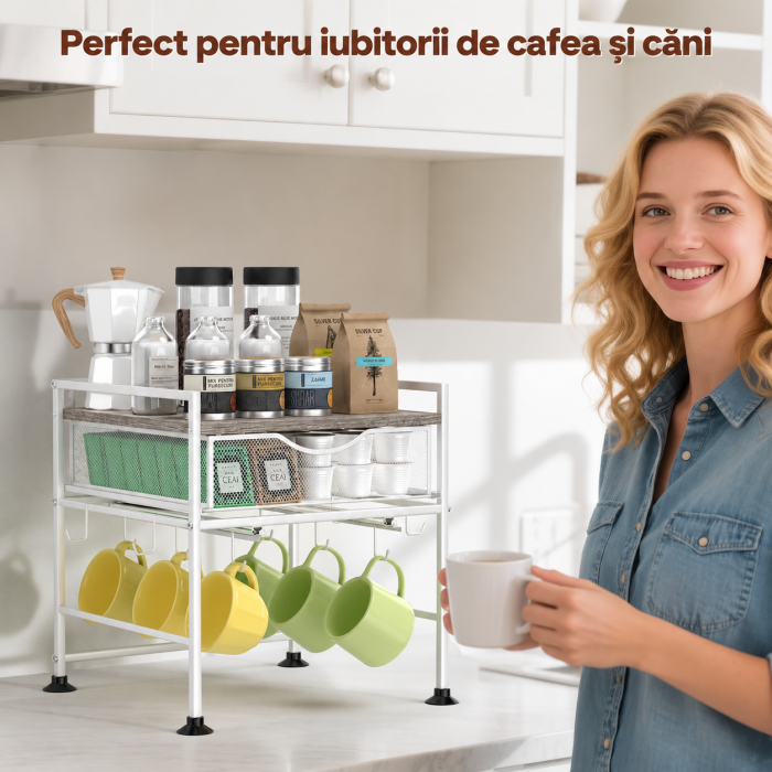 AM275 - Suport organizator bucatarie, suport cani, capsule cafea, ceai, zahar, statie aparat cafea cu sertar mare pentru depozitare si carlige extensibile, suport pentru 10 cani, organizator [7]