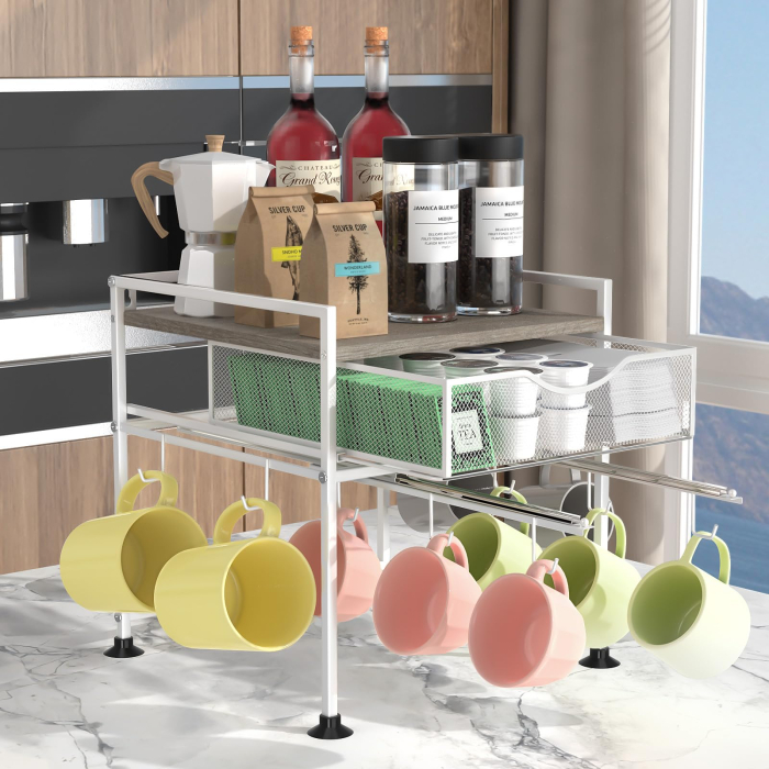 Suport organizator bucatarie, suport cani, capsule cafea, ceai, zahar, statie aparat cafea cu sertar mare pentru depozitare si carlige extensibile, suport pentru 10 cani, organizator pentru barul de cafea in bucatarie, acasa, birou, Gri si Alb [2]
