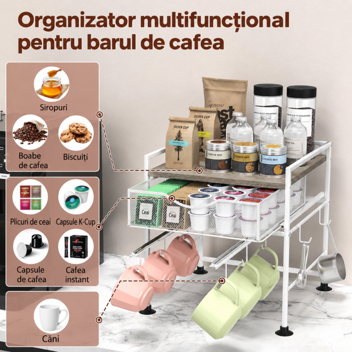 AM275 - Suport organizator bucatarie, suport cani, capsule cafea, ceai, zahar, statie aparat cafea cu sertar mare pentru depozitare si carlige extensibile, suport pentru 10 cani, organizator [6]
