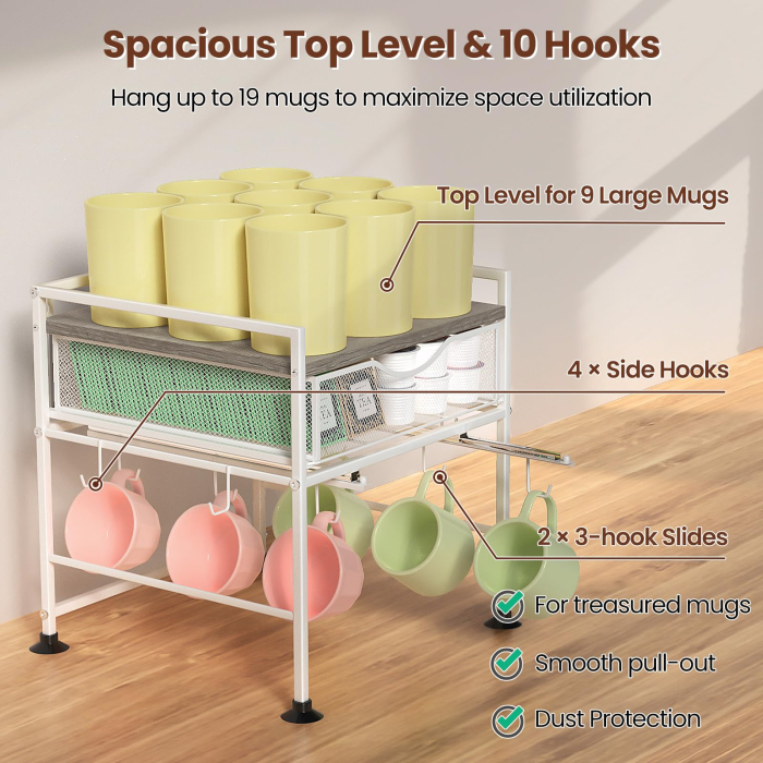 Suport organizator bucatarie, suport cani, capsule cafea, ceai, zahar, statie aparat cafea cu sertar mare pentru depozitare si carlige extensibile, suport pentru 10 cani, organizator pentru barul de cafea in bucatarie, acasa, birou, Gri si Alb [5]