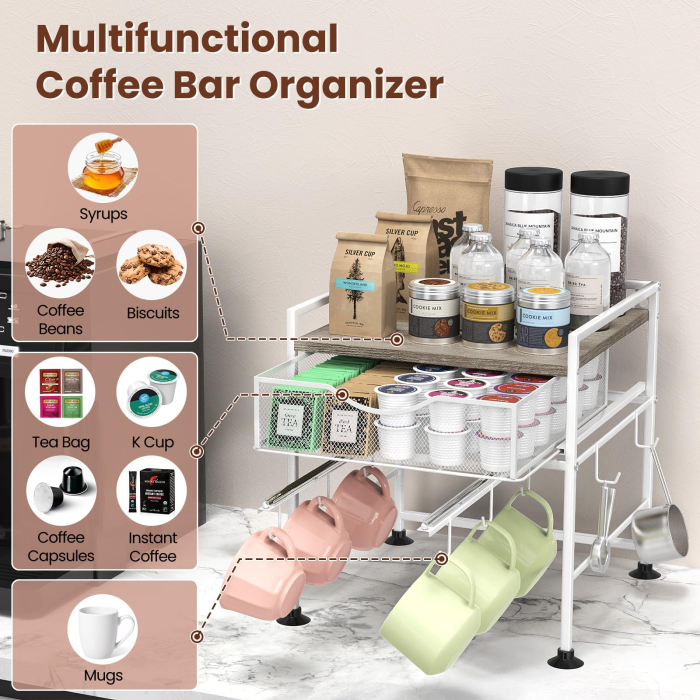 Suport organizator bucatarie, suport cani, capsule cafea, ceai, zahar, statie aparat cafea cu sertar mare pentru depozitare si carlige extensibile, suport pentru 10 cani, organizator pentru barul de cafea in bucatarie, acasa, birou, Gri si Alb [3]