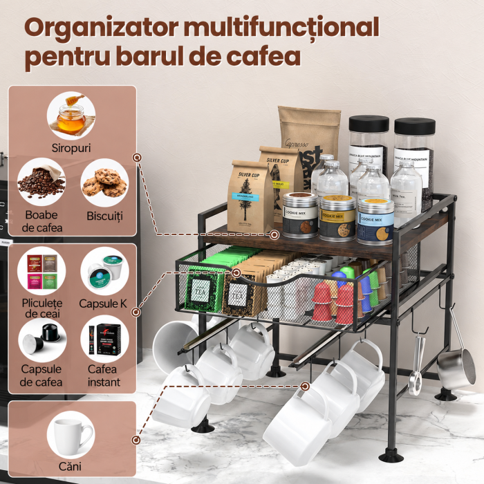 AM274 - Suport organizator bucatarie, suport cani, capsule cafea, ceai, zahar, statie aparat cafea cu sertar mare pentru depozitare si carlige extensibile, suport pentru 10 cani, organizator [5]