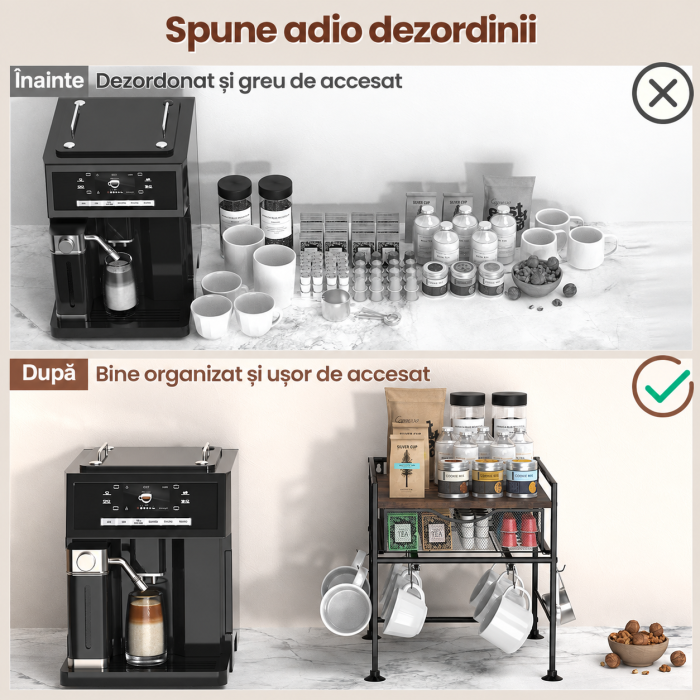 AM274 - Suport organizator bucatarie, suport cani, capsule cafea, ceai, zahar, statie aparat cafea cu sertar mare pentru depozitare si carlige extensibile, suport pentru 10 cani, organizator [6]