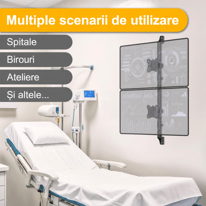 AM307 - Suport pentru 2 Monitoare 17–32 Inch, de prins in perete, suport vertical monitoare orizontal, suport monitor multifunctional, reglabil pe Inaltime, Rotire 360°, Inclinare, VESA 75/100, 9 kg/Brat [5]