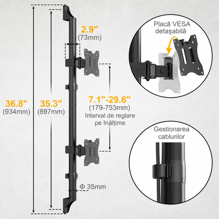 AM307 - Suport pentru 2 Monitoare 17–32 Inch, de prins in perete, suport vertical monitoare orizontal, suport monitor multifunctional, reglabil pe Inaltime, Rotire 360°, Inclinare, VESA 75/100, 9 kg/Brat [3]
