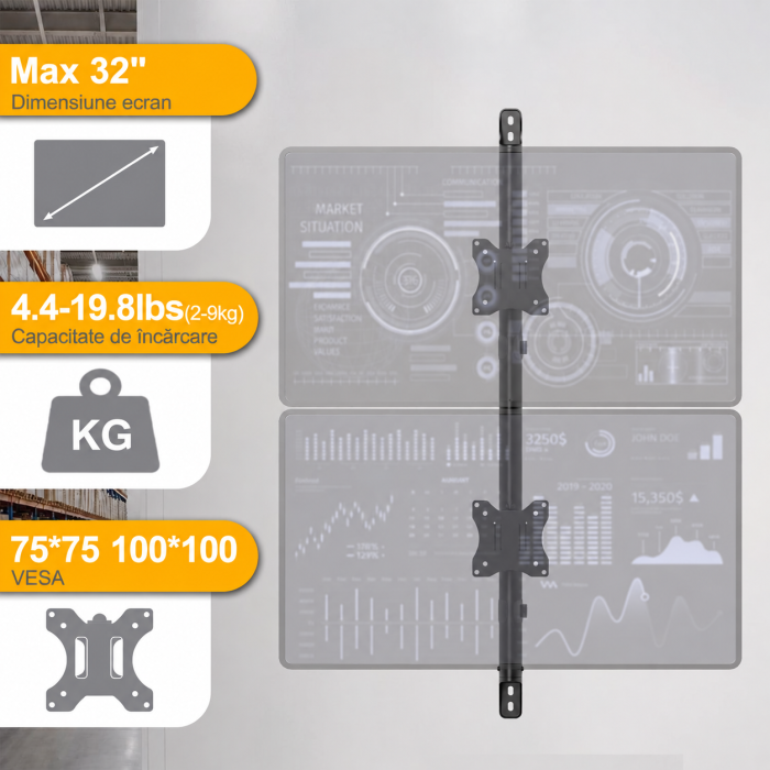 AM307 - Suport pentru 2 Monitoare 17–32 Inch, de prins in perete, suport vertical monitoare orizontal, suport monitor multifunctional, reglabil pe Inaltime, Rotire 360°, Inclinare, VESA 75/100, 9 kg/Brat [2]