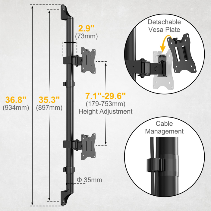 Suport pentru 2 Monitoare 17–32 Inch, de prins in perete, suport vertical monitoare orizontal, suport monitor multifunctional, reglabil pe Inaltime, Rotire 360°, Inclinare, VESA 75/100, 9 kg/Brat [3]