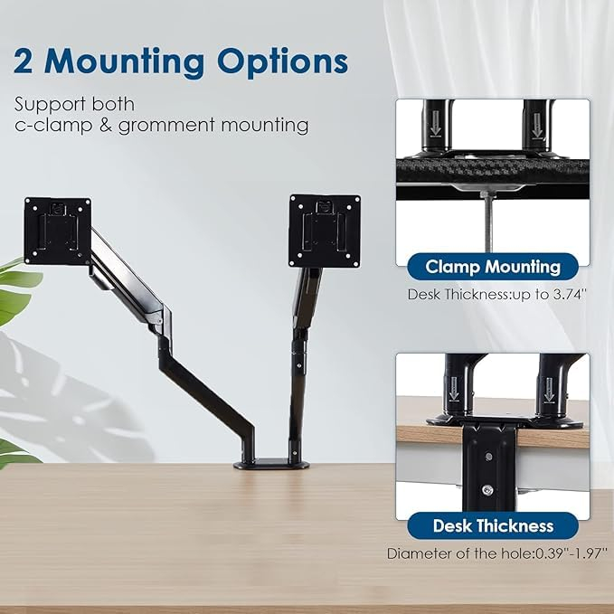 Suport pentru 2 monitoare Adymel® cu brat pe gaz 10–32 inch, rotire 360°, inclinare si pivotare, VESA 75x75 si 100x100, montaj clema C sau orificiu, aluminiu. [6]