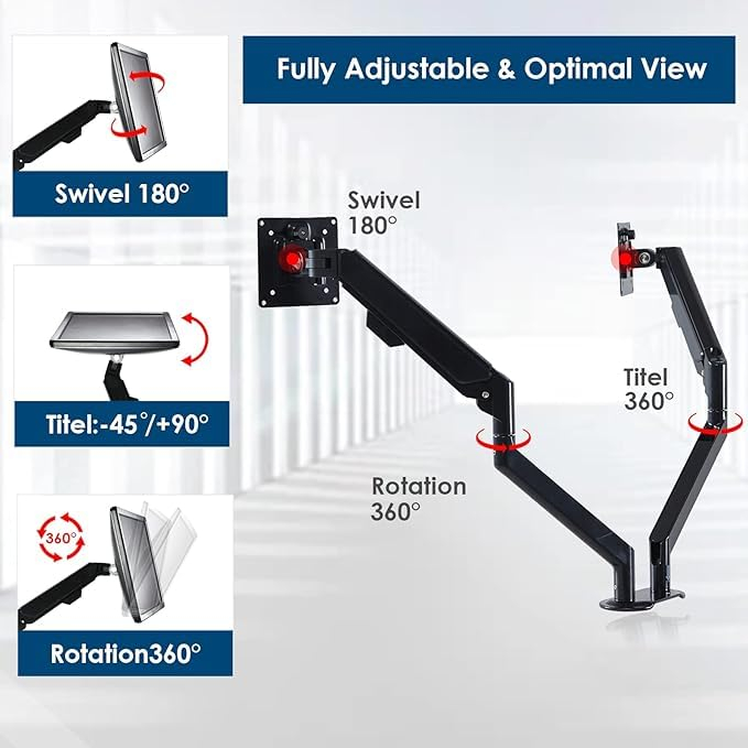 Suport pentru 2 monitoare Adymel® cu brat pe gaz 10–32 inch, rotire 360°, inclinare si pivotare, VESA 75x75 si 100x100, montaj clema C sau orificiu, aluminiu. [5]
