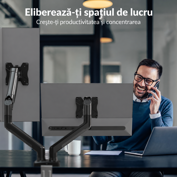 Suport pentru 2 monitoare Bontec® cu brat pe gaz 13–32 inch, rotire 360°, inclinare si pivotare ±90°, VESA 75x75 si 100x100, 3–9 kg per monitor, montaj clema C sau orificiu, Negru. [7]