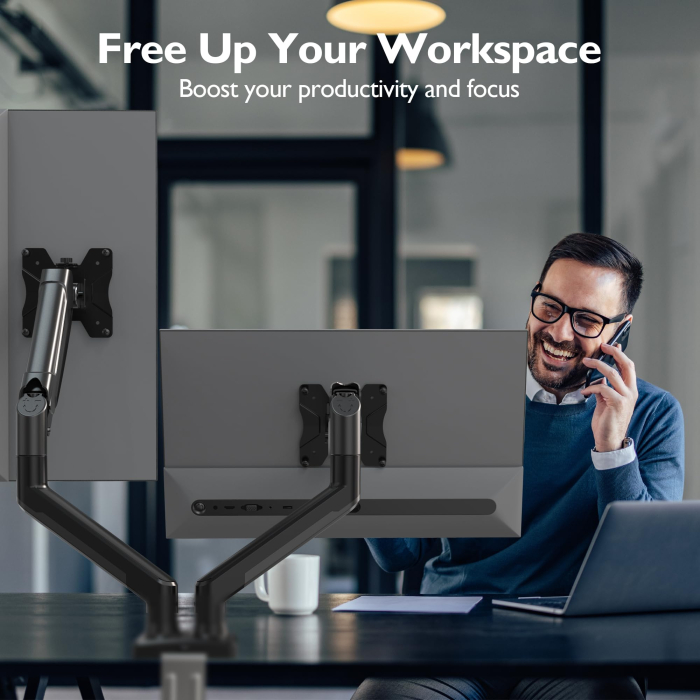 Suport pentru 2 monitoare Bontec® cu brat pe gaz 13–32 inch, rotire 360°, inclinare si pivotare ±90°, VESA 75x75 si 100x100, 3–9 kg per monitor, montaj clema C sau orificiu, Negru. [7]