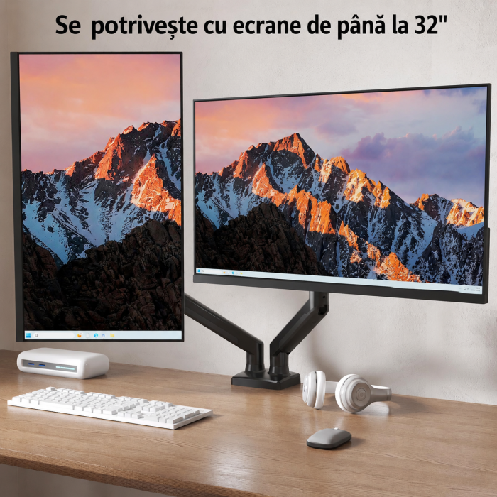 Suport pentru 2 monitoare Bontec® cu brat pe gaz 13–32 inch, rotire 360°, inclinare si pivotare ±90°, VESA 75x75 si 100x100, 3–9 kg per monitor, montaj clema C sau orificiu, Negru. [2]