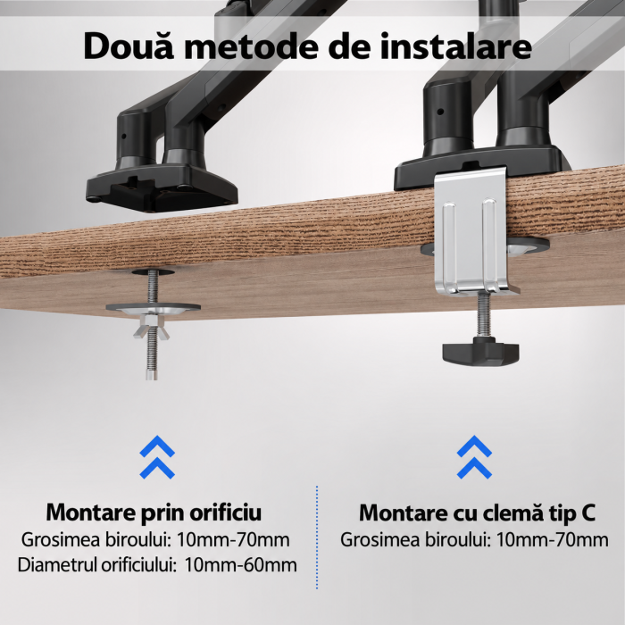 Suport pentru 2 monitoare Bontec® cu brat pe gaz 13–32 inch, rotire 360°, inclinare si pivotare ±90°, VESA 75x75 si 100x100, 3–9 kg per monitor, montaj clema C sau orificiu, Negru. [6]