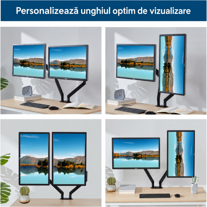 Suport pentru 2 monitoare Adymel® cu brat pe gaz 10–32 inch, rotire 360°, inclinare si pivotare, VESA 75x75 si 100x100, montaj clema C sau orificiu, aluminiu. [3]