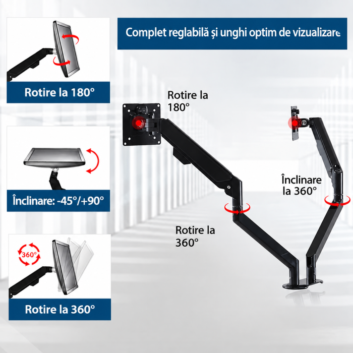 Suport pentru 2 monitoare Adymel® cu brat pe gaz 10–32 inch, rotire 360°, inclinare si pivotare, VESA 75x75 si 100x100, montaj clema C sau orificiu, aluminiu. [5]