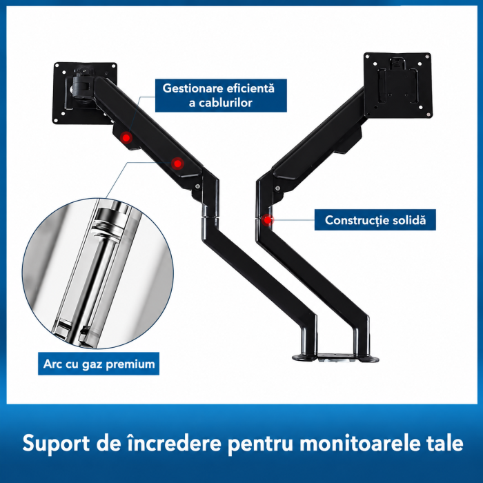 Suport pentru 2 monitoare Adymel® cu brat pe gaz 10–32 inch, rotire 360°, inclinare si pivotare, VESA 75x75 si 100x100, montaj clema C sau orificiu, aluminiu. [7]