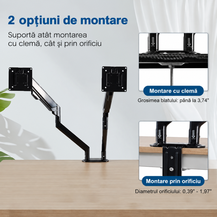 Suport pentru 2 monitoare Adymel® cu brat pe gaz 10–32 inch, rotire 360°, inclinare si pivotare, VESA 75x75 si 100x100, montaj clema C sau orificiu, aluminiu. [6]