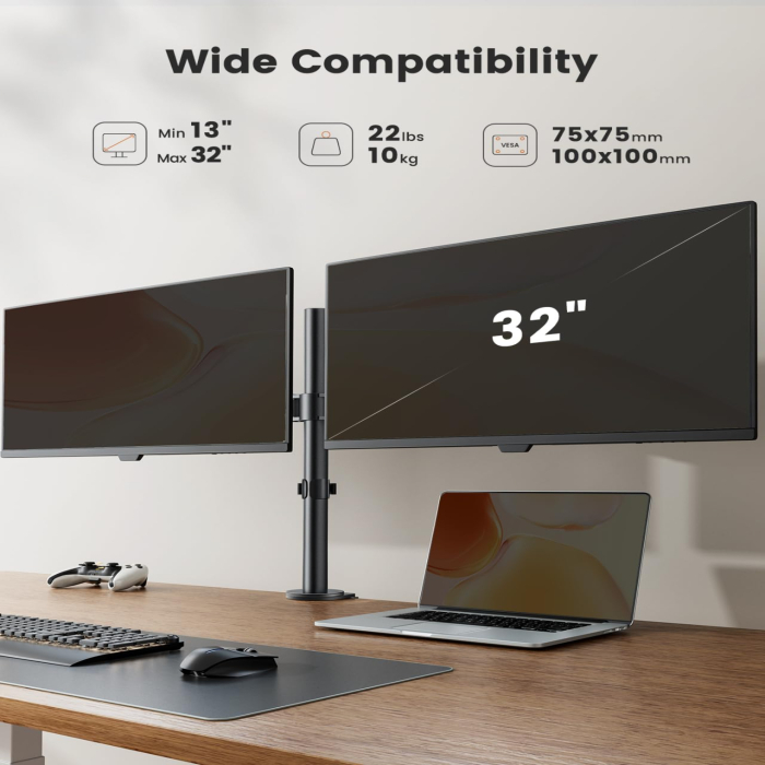 Suport pentru 2 monitoare ErGear® 13–32 inch, brat reglabil pe inaltime, inclinare 90°, rotire 360°, pivotare 180°, VESA 75/100, pana la 8 kg per monitor, montaj clema C sau prin orificiu. [3]