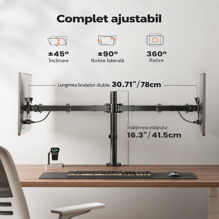 Suport pentru 2 monitoare ErGear® 13–32 inch, brat reglabil pe inaltime, inclinare 90°, rotire 360°, pivotare 180°, VESA 75/100, pana la 8 kg per monitor, montaj clema C sau prin orificiu. [3]