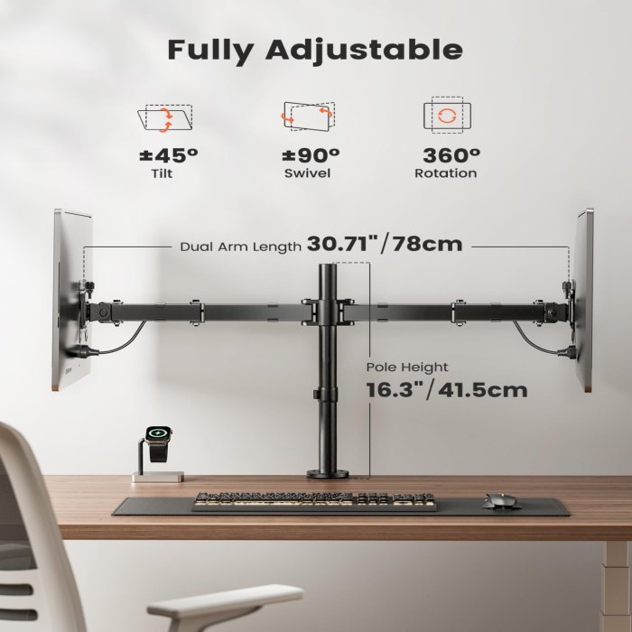 Suport pentru 2 monitoare ErGear® 13–32 inch, brat reglabil pe inaltime, inclinare 90°, rotire 360°, pivotare 180°, VESA 75/100, pana la 8 kg per monitor, montaj clema C sau prin orificiu. [5]
