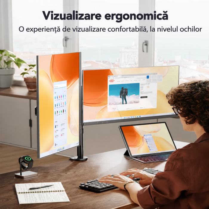Suport pentru 2 monitoare ErGear® 13–32 inch, brat reglabil pe inaltime, inclinare 90°, rotire 360°, pivotare 180°, VESA 75/100, pana la 8 kg per monitor, montaj clema C sau prin orificiu. [6]