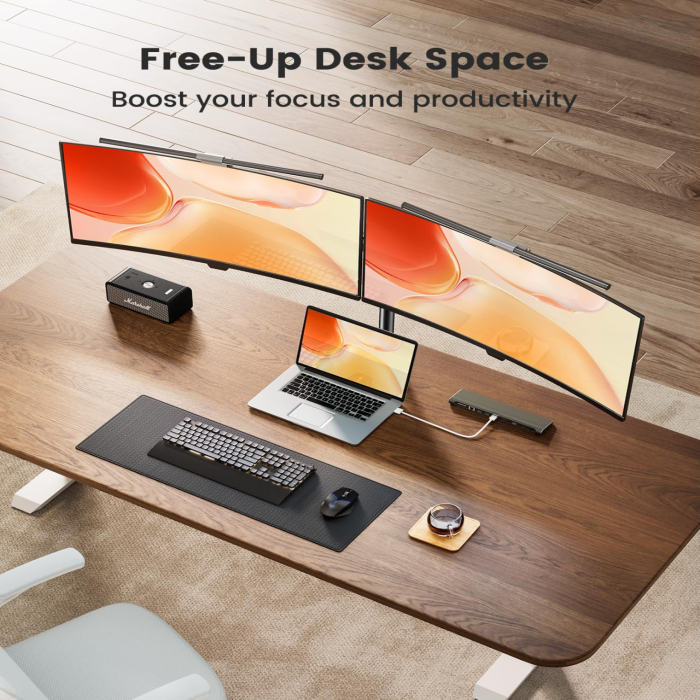 Suport pentru 2 monitoare ErGear® 13–32 inch, brat reglabil pe inaltime, inclinare 90°, rotire 360°, pivotare 180°, VESA 75/100, pana la 8 kg per monitor, montaj clema C sau prin orificiu. [4]