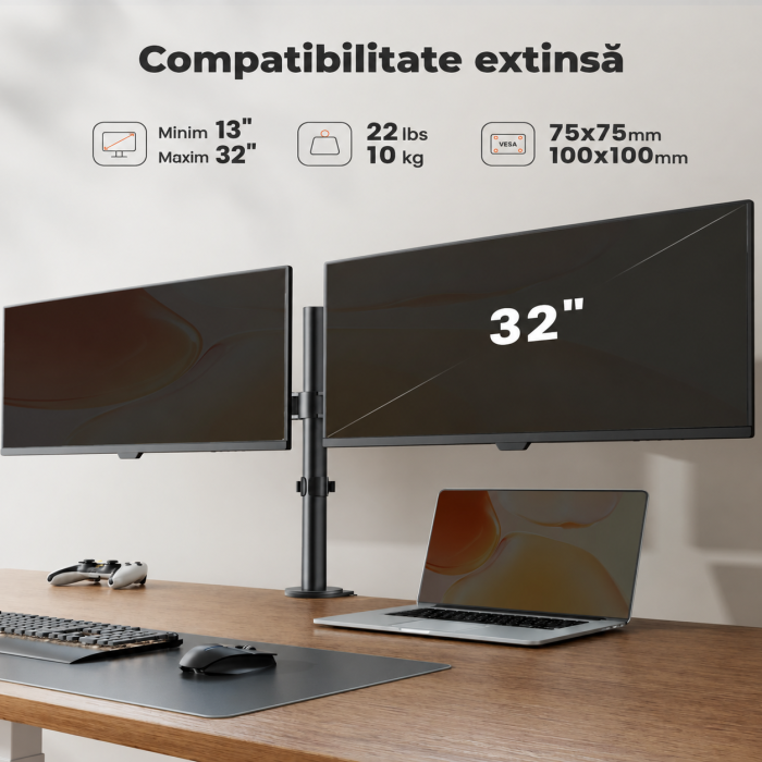 Suport pentru 2 monitoare ErGear® 13–32 inch, brat reglabil pe inaltime, inclinare 90°, rotire 360°, pivotare 180°, VESA 75/100, pana la 8 kg per monitor, montaj clema C sau prin orificiu. [2]