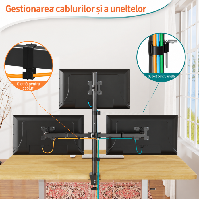 Suport 3 monitoare Elived® 17–32 inch – VESA 75x75/100x100, reglabil, negru. [4]