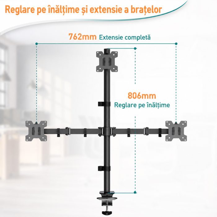 Suport 3 monitoare Elived® 17–32 inch – VESA 75x75/100x100, reglabil, negru. [8]