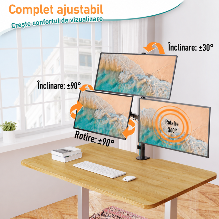 Suport 3 monitoare Elived® 17–32 inch – VESA 75x75/100x100, reglabil, negru. [5]