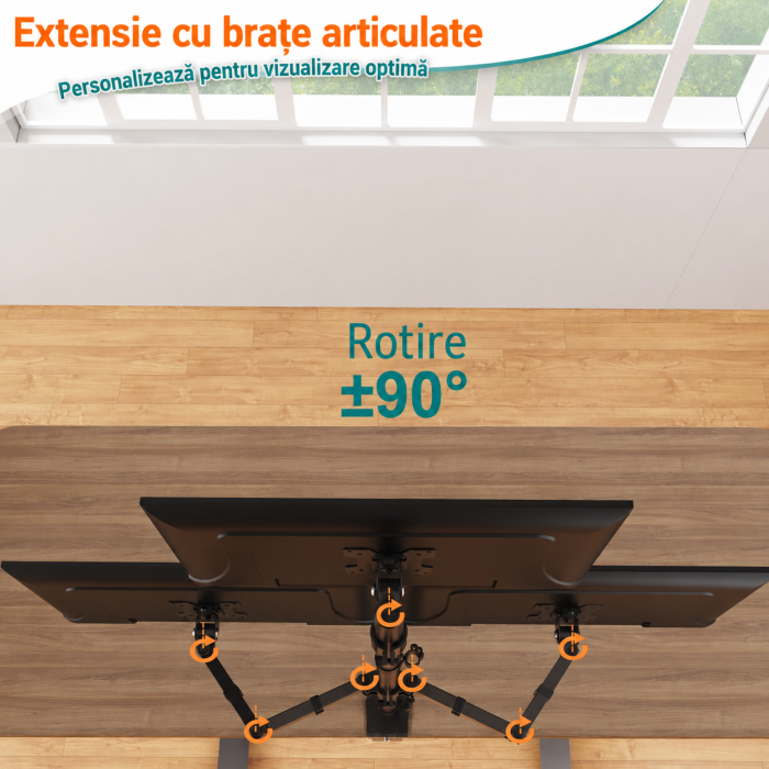 Suport 3 monitoare Elived® 17–32 inch – VESA 75x75/100x100, reglabil, negru. [7]